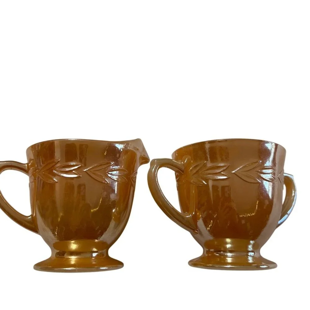 Vintage Fire-King Peach Lustre Creamer & Sugar Set With Laurel Pattern - Picture 8 of 8